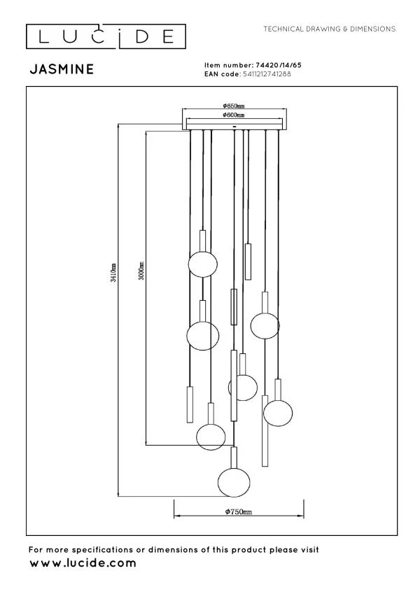 Lucide Premium JASMINE - Suspension - LED Dim. - CCT - 14x4,4W 2200K/3300K - Cuivre - technique